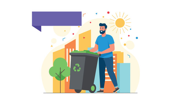 Flat vector illustration of a happy cartoon man pushing a big grey waste recycling bin on a sunny city background.