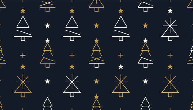 Elegant Christmas seamless pattern with minimalist geometric white and gold pine trees on a dark navy background.