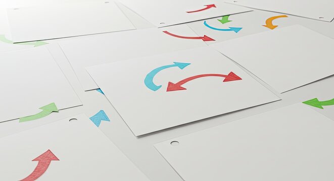 Colorful Arrows on White Papers: Business Concept, Direction, Strategy, Planning.