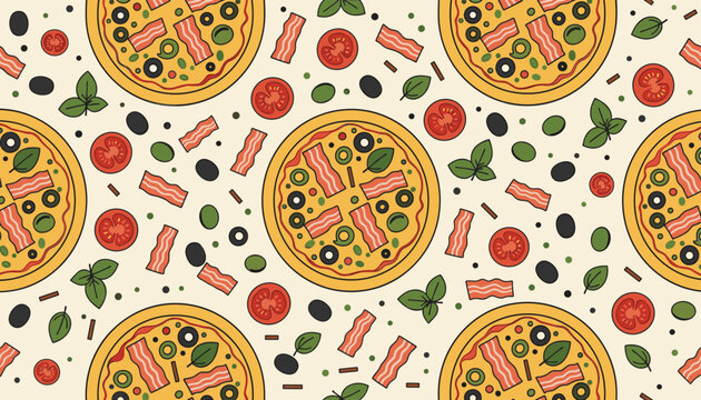 Tasty seamless pattern of whole pizzas, bacon strips, tomato slices, olives, and basil leaves on a beige background.