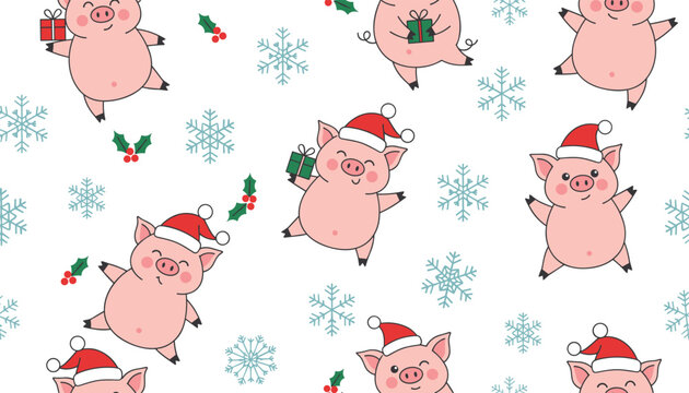 Adorable Christmas seamless pattern with cute pink cartoon pigs wearing Santa hats on a snowy white background.