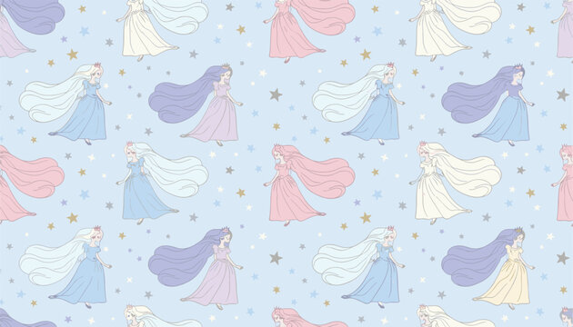 Seamless princess pattern showcases beautiful girls in elegant flowing gowns dancing among golden stars on blue.