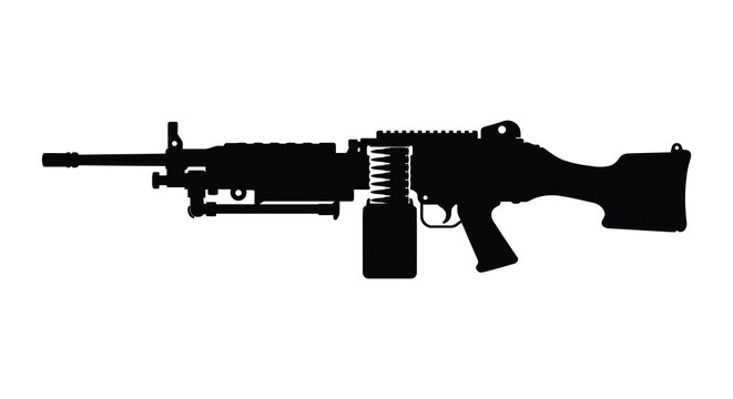 Machine Gun Silhouette On White Background Isolated Weapon Profile
