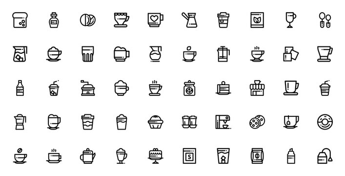 Coffee shop icon set. Coffee vector icons pack. Minimalist line art. Featuring coffee cup, latte, cappuccino, iced tea, frappe, doughnut, muffin, toast, and more. Editable stroke.