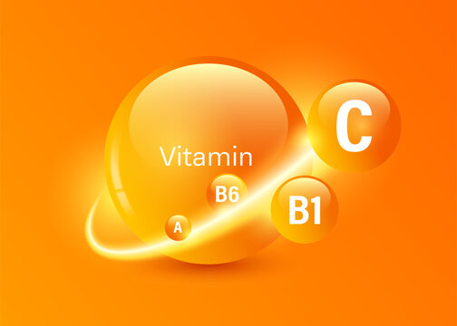 Vitamin complex vector illustration showing essential nutrients C, B1, B6, and A as glossy orange molecule floating on bright background for health supplement design, vector 3d for advertising design