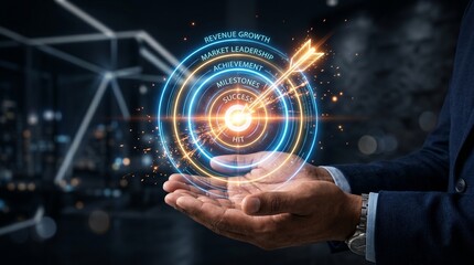 Fototapeta premium Businessman holding a digital target and dart conceptualizing strategic business planning and professional corporate achievement