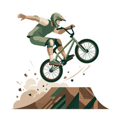 Obraz premium Vector illustration of a professional BMX cyclist in mid-air performing a jump trick off a stylized dirt ramp. Features a rider with a full-face helmet and safety pads on a white background.