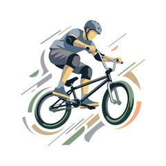 Obraz premium Vector illustration of a professional BMX athlete wearing a helmet and safety gear performing a mid-air jump on a bicycle with dynamic motion lines on a plain white background.