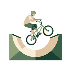 Obraz premium Flat vector illustration of a teenage male BMX rider performing an aerial stunt over a half-pipe ramp. Character wears protective helmet and knee pads with a green freestyle bicycle.