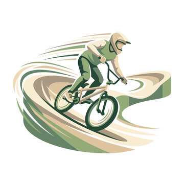 Vector illustration of a professional BMX rider wearing a helmet and green racing gear, navigating a high-speed banked turn on a pump track or skate park course, isolated on white.