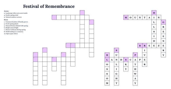 Festival of remembrance crossword puzzle in educational style