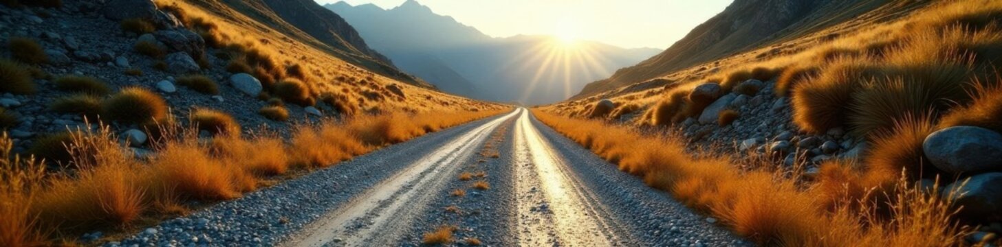 High altitude shot, winding gravel road, car tire impressions, texture, winding road