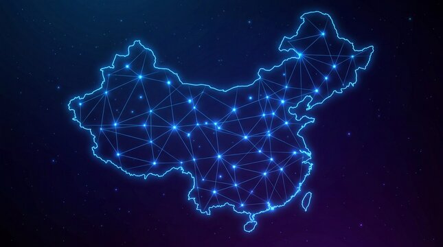 Glowing blue map of China with network connections and stars in the background