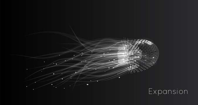 Attracting life. A vector connecting particle tails. Small particles gravitate toward each other. Blurred debris transforms into rays or lines at high speeds.