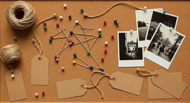 Corkboard with String, Pins, Photos, and Tags: Creative Planning Concept