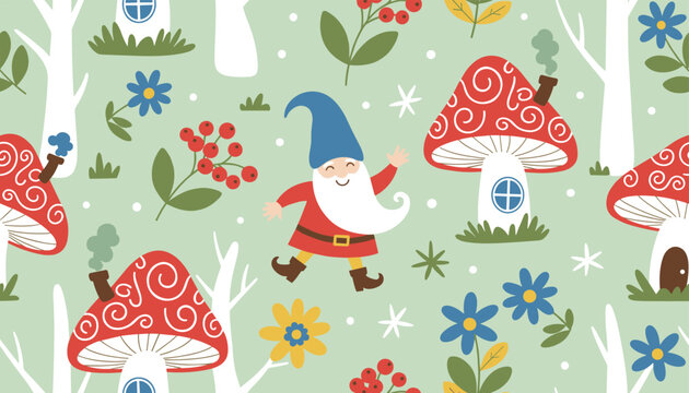 Whimsical seamless pattern with cute forest gnomes, mushroom houses, trees, and flowers on a light green background.