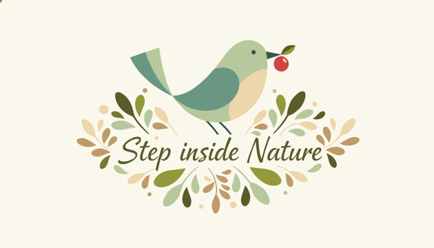 Soft pastel illustration of a cute bird holding a red berry, sitting on leafy branches with step inside nature text.