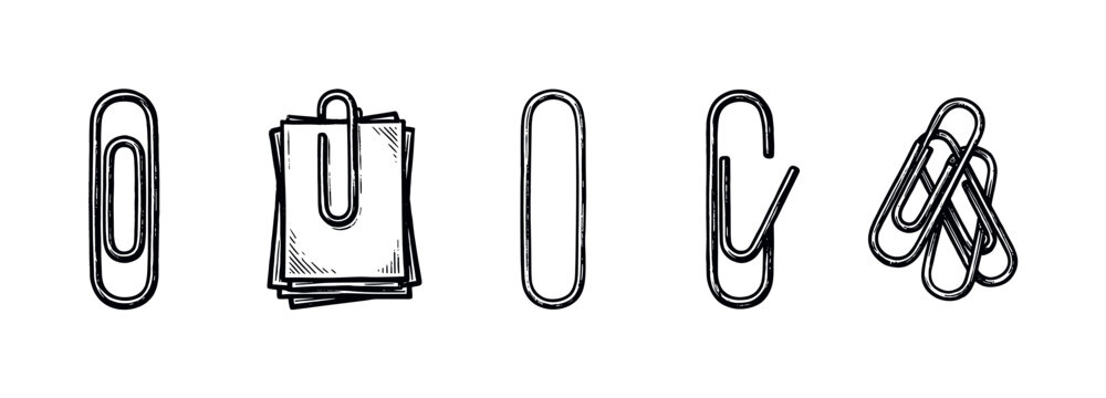 Various black and white hand-drawn paper clips in different states, including a stack of papers, isolated on a clean white background