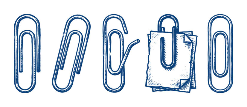 Various blue hand-drawn paper clips and one clip holding a stack of papers, isolated on a clean white background in a vintage sketch style