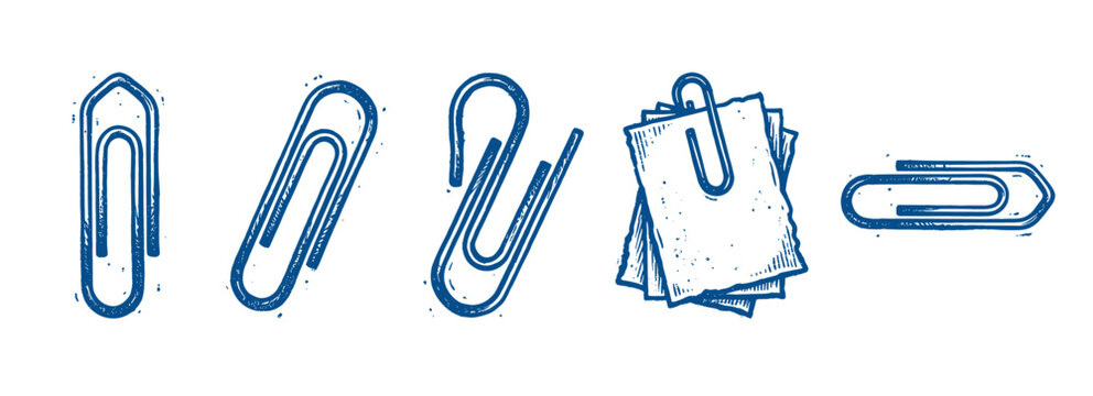 Five blue paper clips and a stack of papers with a clip, depicted in a hand-drawn, distressed vector style on a clean white background