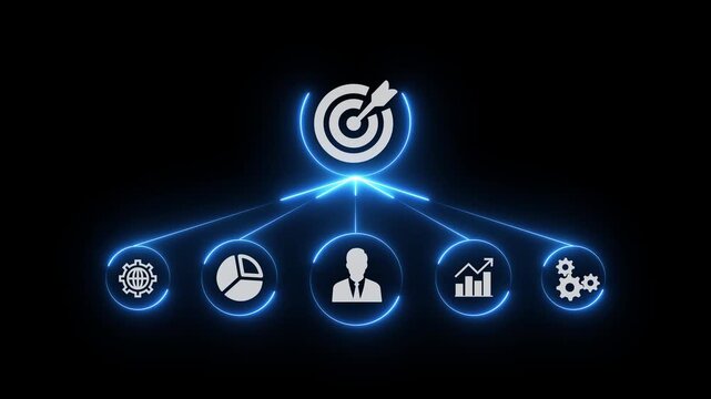 Neon step on table with icon Action plan, Goal and target, success and business target concept, project management, company strategy 4k animation video.