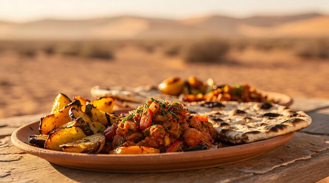 Gourmet grilled vegetables and flatbread served on a desert table at sunset.