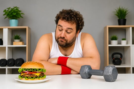 Man resisting unhealthy hamburger while choosing fitness and weight loss goals