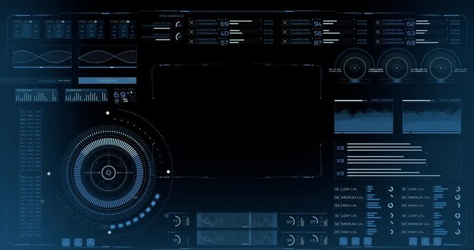 A futuristic HUD interface features a large glowing radar dial, extraction coordinates, waveforms and multiple data panels on a dark blue screen.