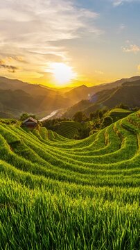 Time lapse of Rice terraces atsunset in Mu cang chai, Vietnam. Beautiful landscape in Vietnam. Vertical
