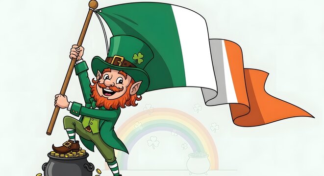 Happy Leprechaun Holding Ireland Flag Standing on Pot of Gold with Rainbow for St