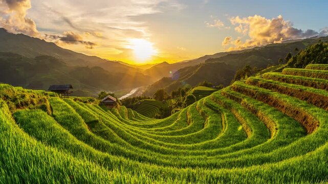 Time lapse of Rice terraces atsunset in Mu cang chai, Vietnam. Beautiful landscape in Vietnam.
