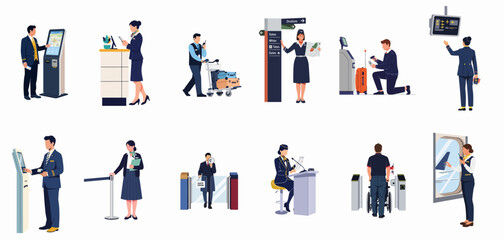Fototapeta premium Flat Vector Illustration Set of Airport Staff and Ground Crew Characters Performing Various Passenger Services and Operational Tasks in a Terminal