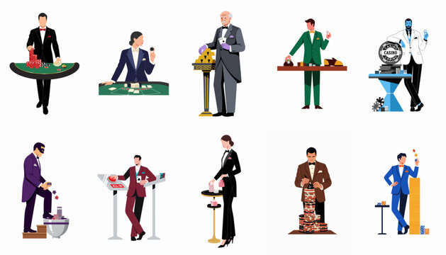 Set of diverse casino characters in formal suits and tuxedos, featuring dealers and gamblers with chips, cards, and luxury items on white background.