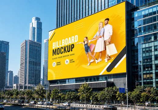 Large Outdoor City Building Billboard Mockup with Happy Family