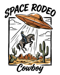Vintage illustration of a space rodeo featuring a cowboy on a bucking horse being abducted by an alien UFO flying saucer in a desert landscape with cacti and mountains on a white background. © Muhammad