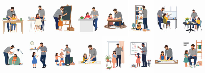 Fototapeta premium Vector illustration set of a father and daughter engaged in various homeschooling activities including reading, drawing, playing with blocks, and studying together.