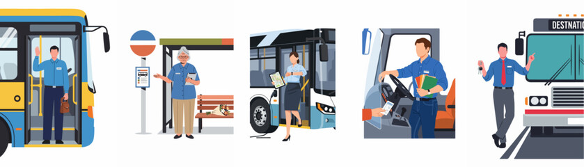 Obraz premium Professional bus drivers and transit staff in various scenes, including driving, checking schedules, and assisting passengers in a flat vector illustration style.