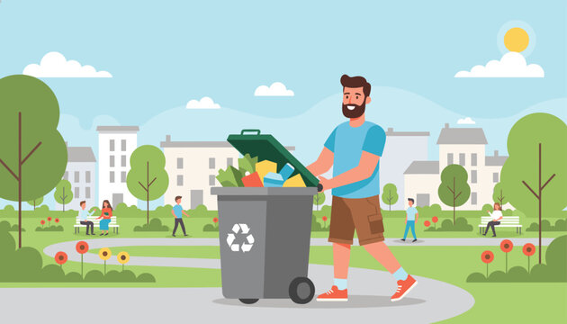 Smiling bearded man throwing garbage into a large grey recycling bin in a sunny green city park with people.
