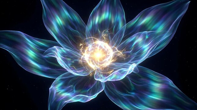 Ethereal glowing flower with translucent iridescent petals and a radiant golden energy core set against a dark starry void creating a mesmerizing and magical visual effect