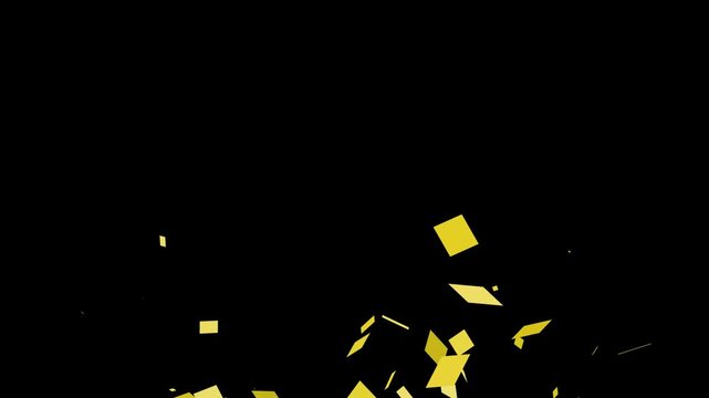golden square party popper explosions on a black screen background, 3D animation of exploding confetti, 4K confetti blast realistic on transparent background overlay