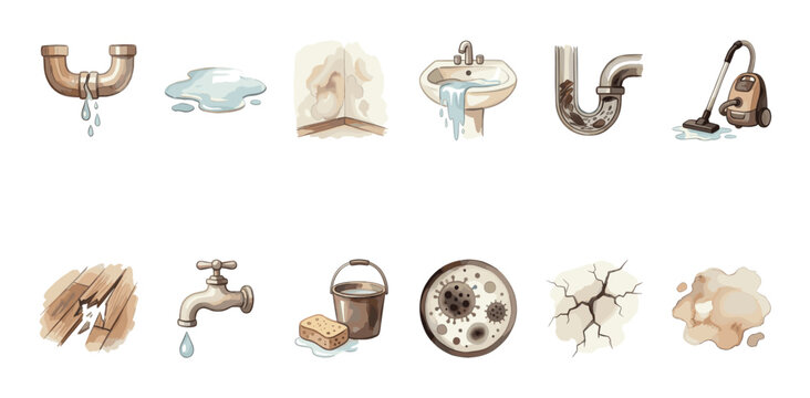 Various cartoon-style illustrations depict common household problems like leaky pipes, clogged drains, water damage, and mold growth on a clean white background