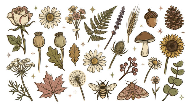 Various hand-drawn botanical elements, including flowers, leaves, insects, and natural objects, are scattered across a clean white background