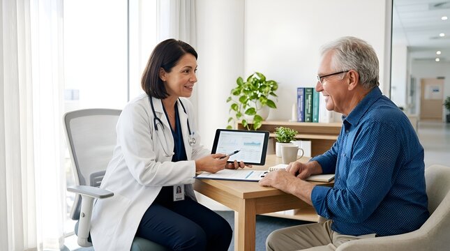 Doctor explaining medical information to elderly patient on tablet