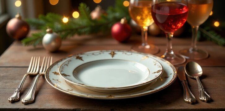 Empty table, vintage silverware, festive Christmas decor, retro, reflection, old