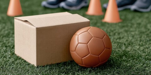 Soccer Ball and Cardboard Box on Artificial Turf with Training Cones
