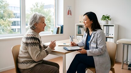 Fototapeta premium Doctor consulting with elderly patient, patient discussing health concerns, medical examination room