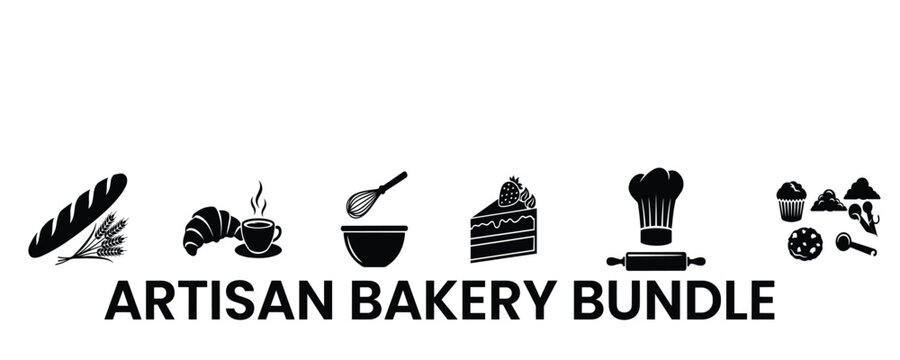 Assorted bakery icons bundle with bread cake and chef tools.