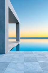 Fototapeta premium Minimal modern concrete architecture by an infinity pool at sunset with calm water reflections