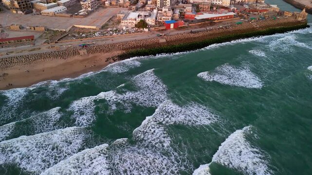 Scenic Aerial View of Dwarka Beach Coastline with Arabian Sea Waves, Sandy Shore, Coastal Landscape, Blue Ocean Water, Peaceful Seaside Environment, Natural Beauty and Beautiful Gujarat Maritime Scene