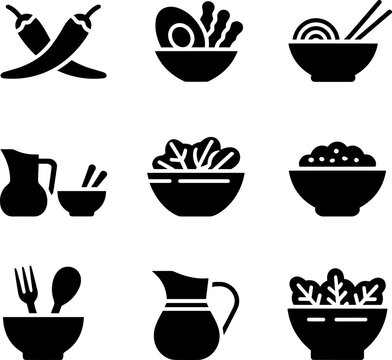 Food and dining icons set with bowls, pitchers, and chili peppers